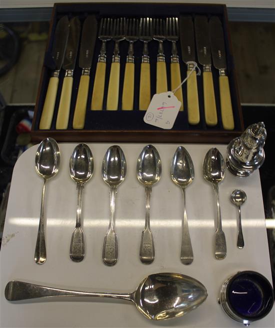 Silver cutlery, posy vase & 2 condiments